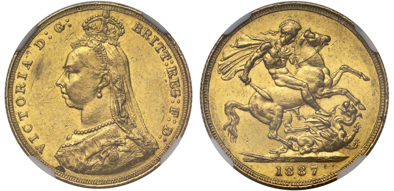 Victoria 1887 Sovereign Jubilee Head, angled J, AU58