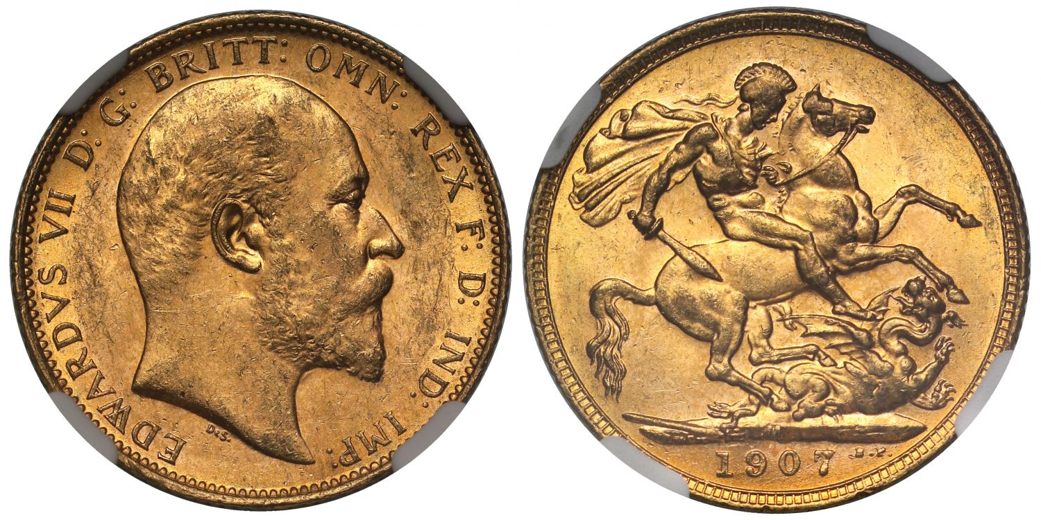 Edward VII 1907-M Sovereign Melbourne Mint MS62
