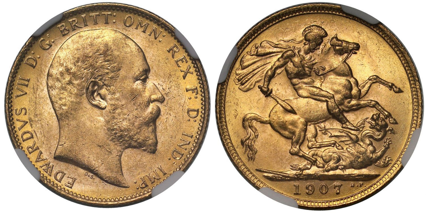 Edward VII 1907-M Sovereign Melbourne Mint MS62