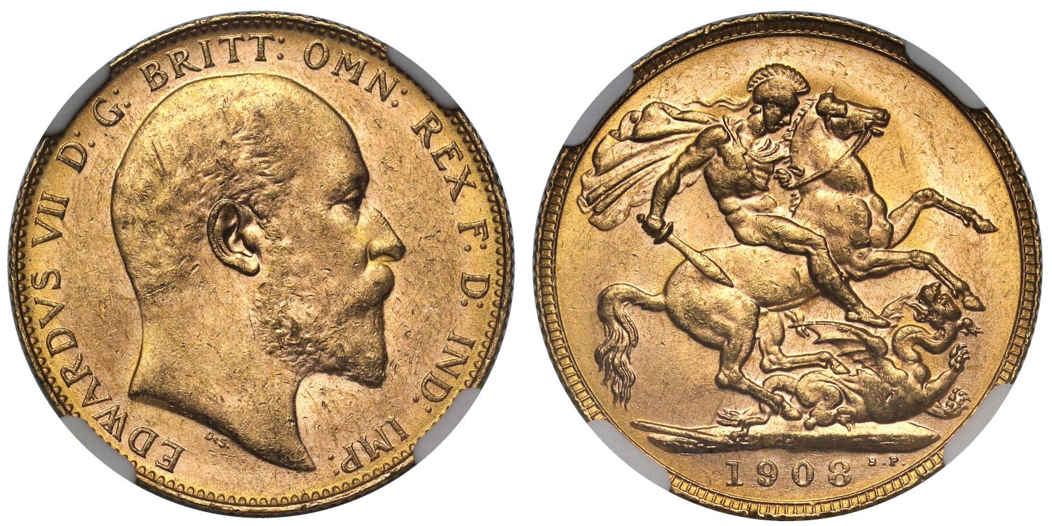 Edward VII 1908-P Sovereign Perth Mint NGC MS62
