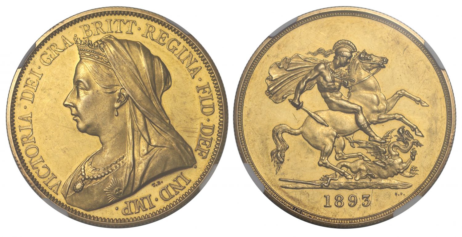Victoria 1893 proof Five-Pounds, old head PF60 CAMEO
