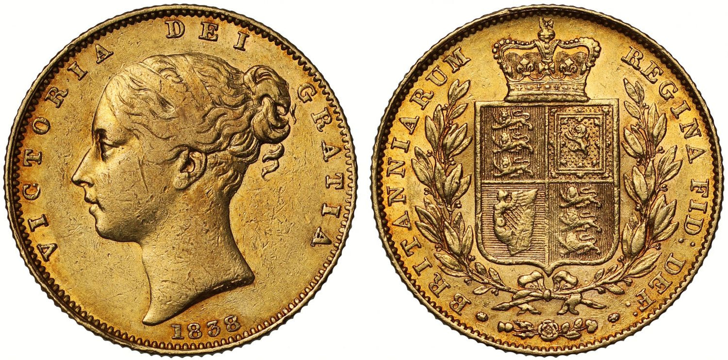 Victoria 1838 Sovereign, young head, shield reverse, first date for reign