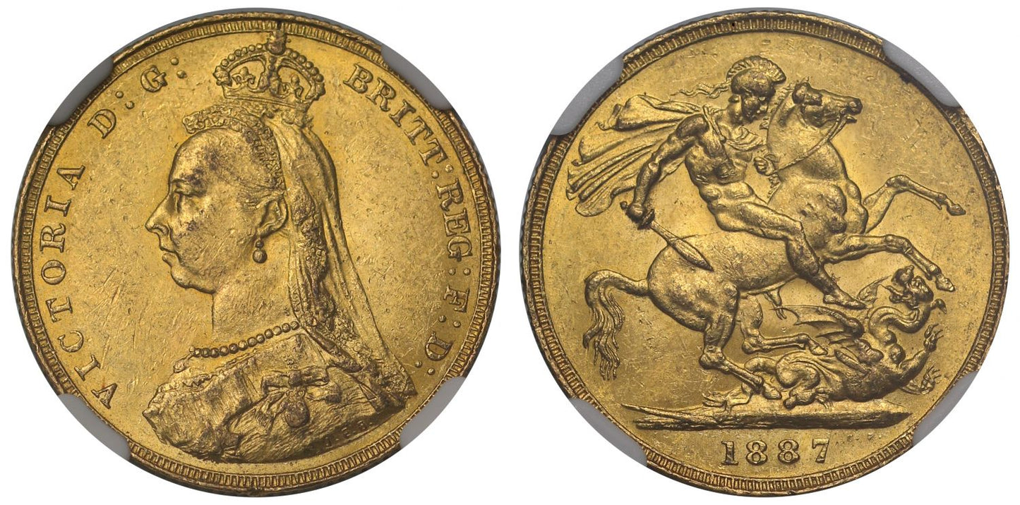 Victoria 1887 Sovereign Jubilee, angled J, London MS62