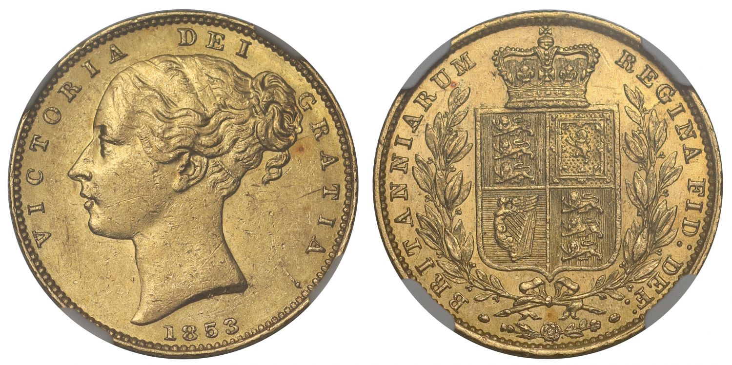 Victoria 1853 Sovereign, young head WW incuse, shield reverse MS61