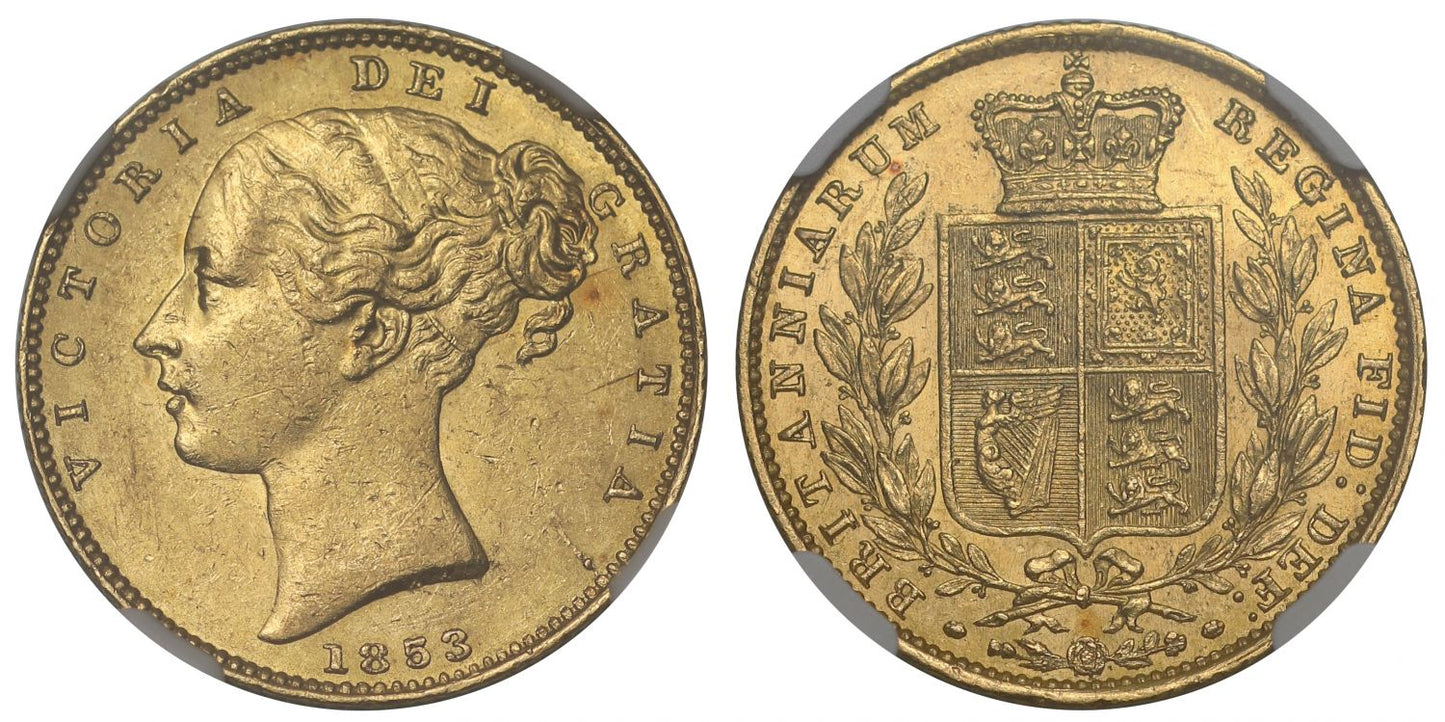 Victoria 1853 Sovereign, young head WW incuse, shield reverse MS61