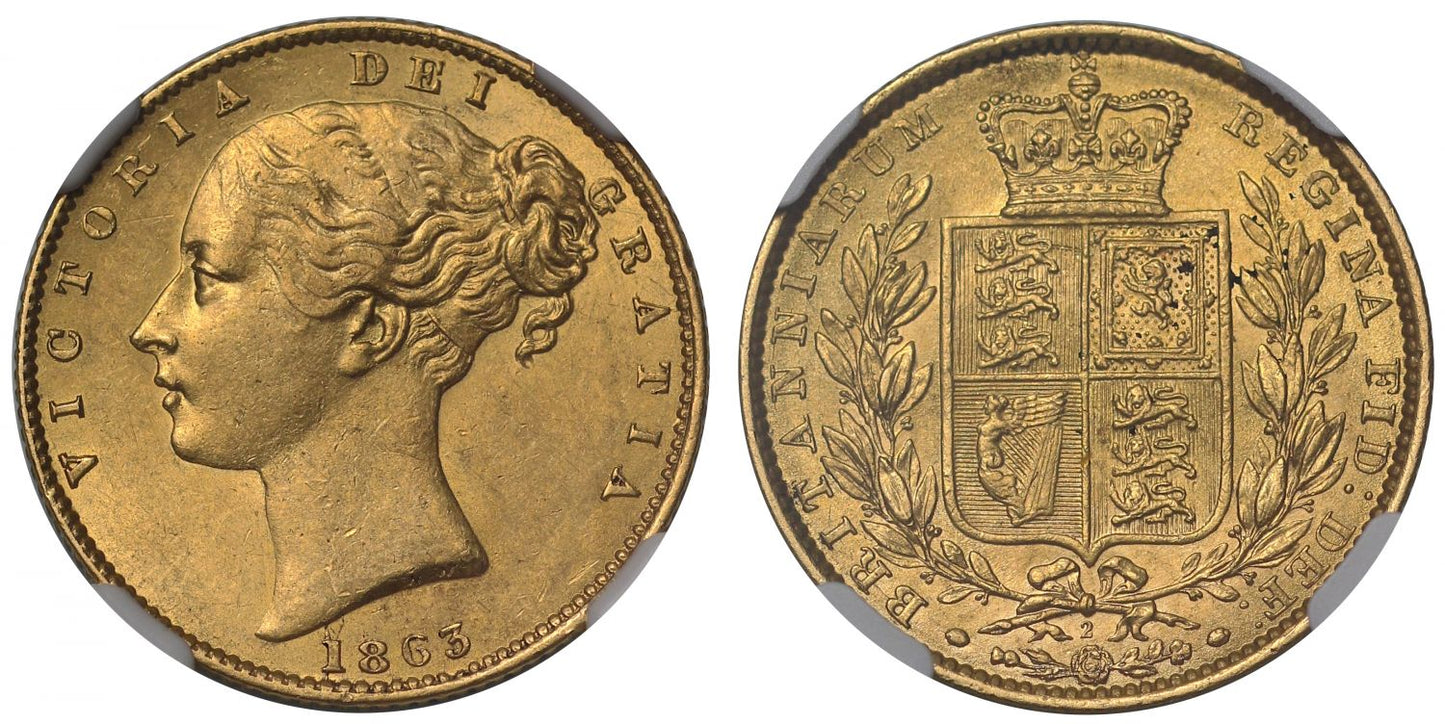 Victoria 1863 Sovereign, die number 2, shield type, MS62