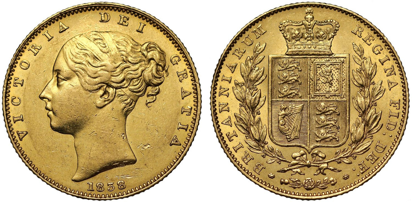 Victoria 1838 Sovereign AU58, young head, first year