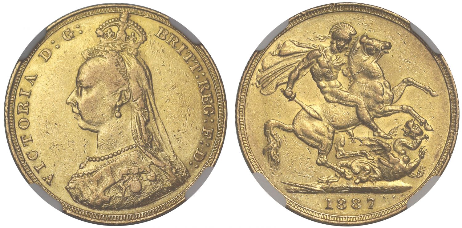 Victoria 1887 Sovereign, Jubilee type, angled J, DISH L7, graded AU53