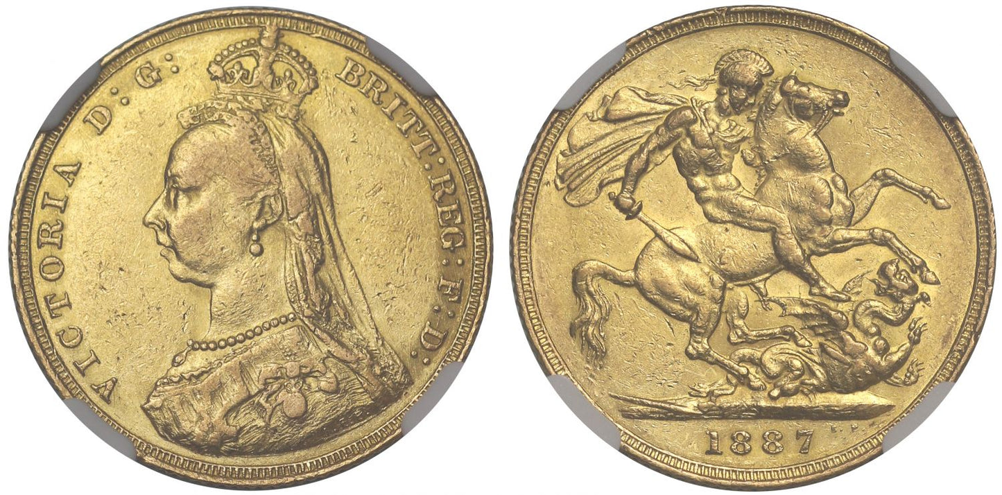 Victoria 1887 Sovereign, Jubilee type, angled J, DISH L7, graded AU53