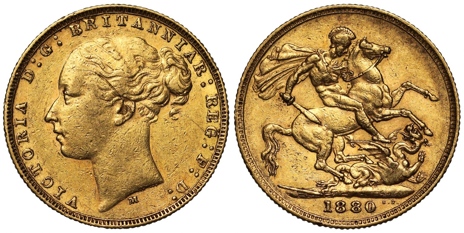 Victoria 1880-M Sovereign, Melbourne, WW buried, long tail, small BP