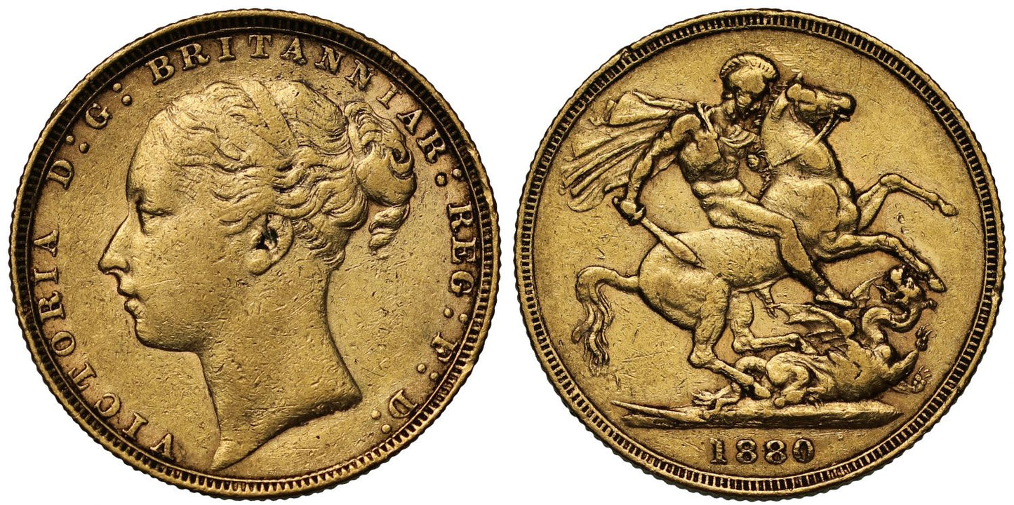 Victoria 1880 Sovereign, WW complete, short tail, trace of BP in exergue