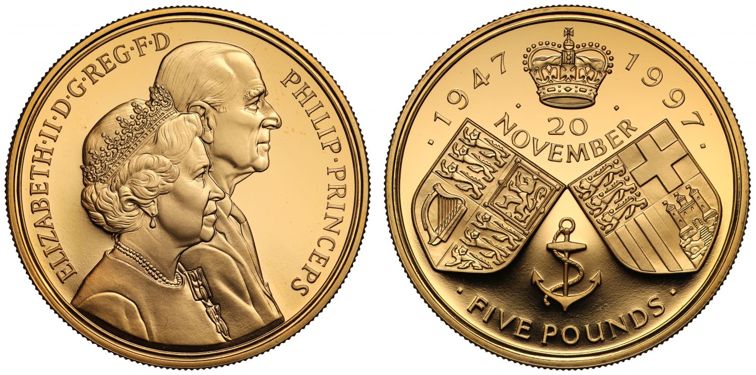 Elizabeth II 1997 proof Five-Pounds Wedding Anniversary PF70 UCAM