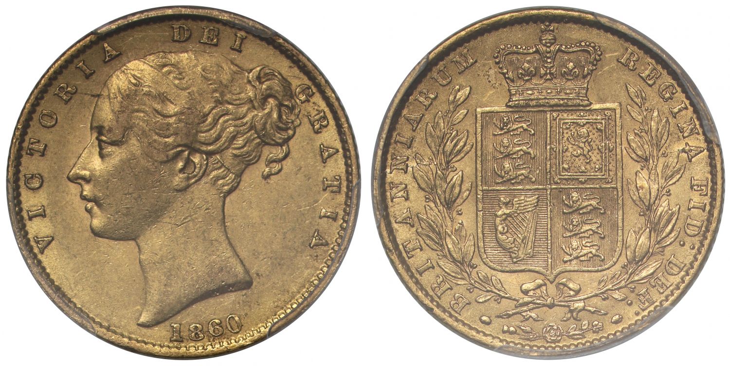 Victoria 1860 Sovereign O of VICTORIA struck over C, AU55