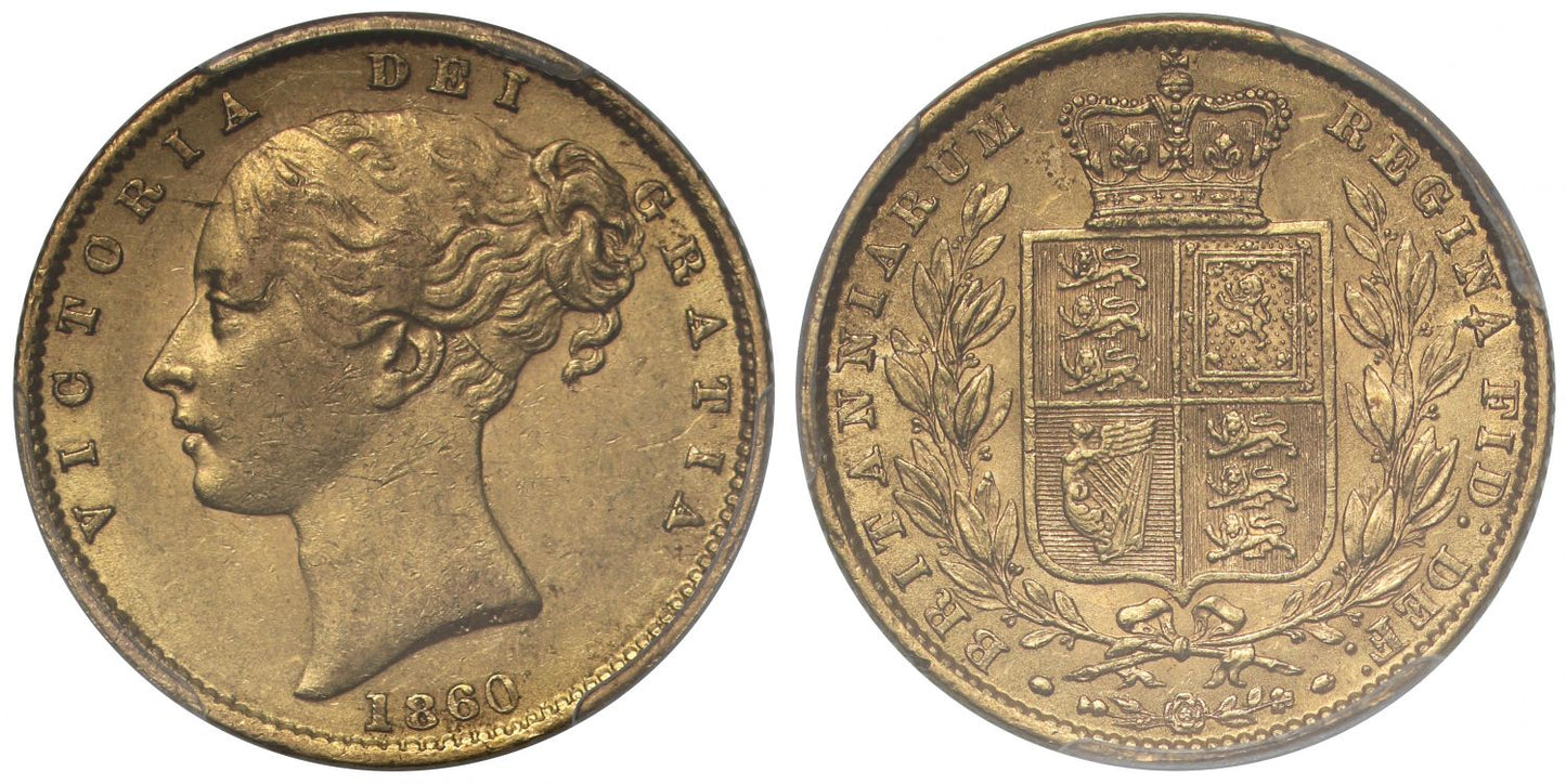 Victoria 1860 Sovereign O of VICTORIA struck over C, AU55