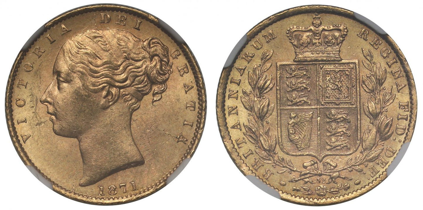 Victoria 1871 Sovereign shield back die number 32, MS63+