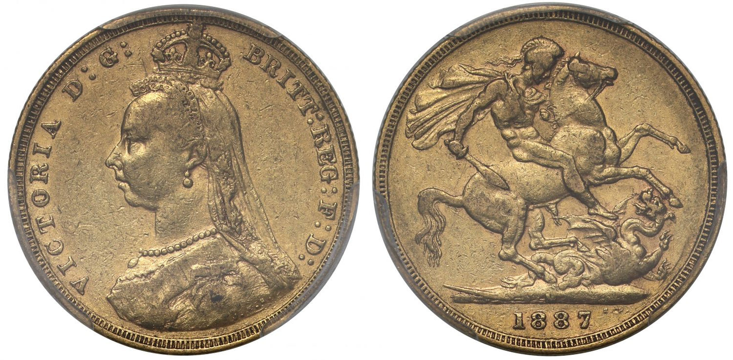 Victoria 1887 M Sovereign, hooked J, DISH 1 M1, AU50