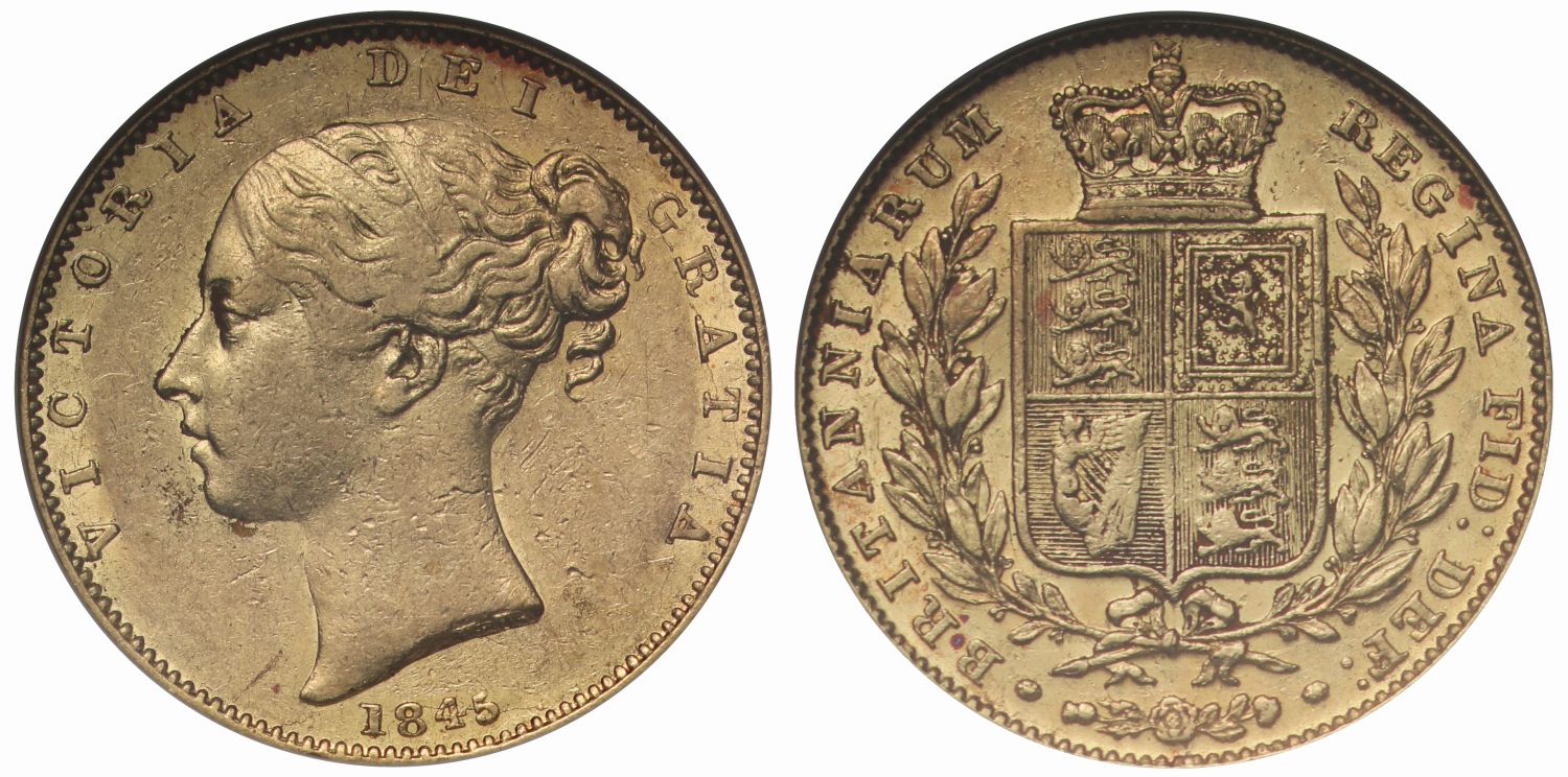 Victoria 1845 Sovereign AU50, xx R. M. S. Douro shipwreck 1882