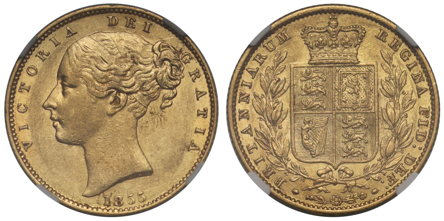 Victoria 1855 Sovereign AU58, ex RMS Douro Cargo