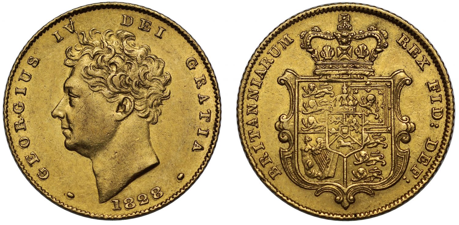 George IV 1828 Half-Sovereign, no extra tuft of hair on bare head