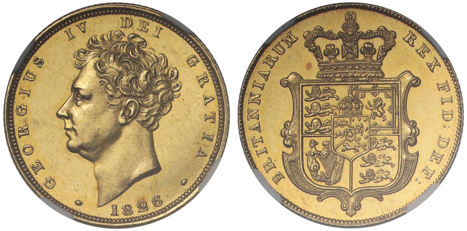 George IV 1826 proof Sovereign PF61, bare head issue by Wyon