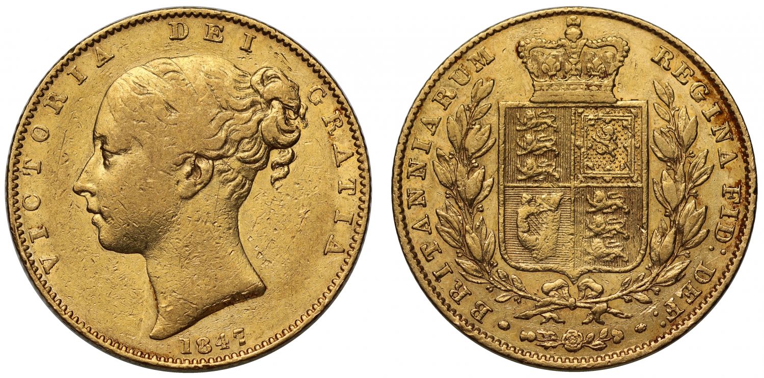 Victoria 1847 Sovereign Shield, first young head, shield reverse