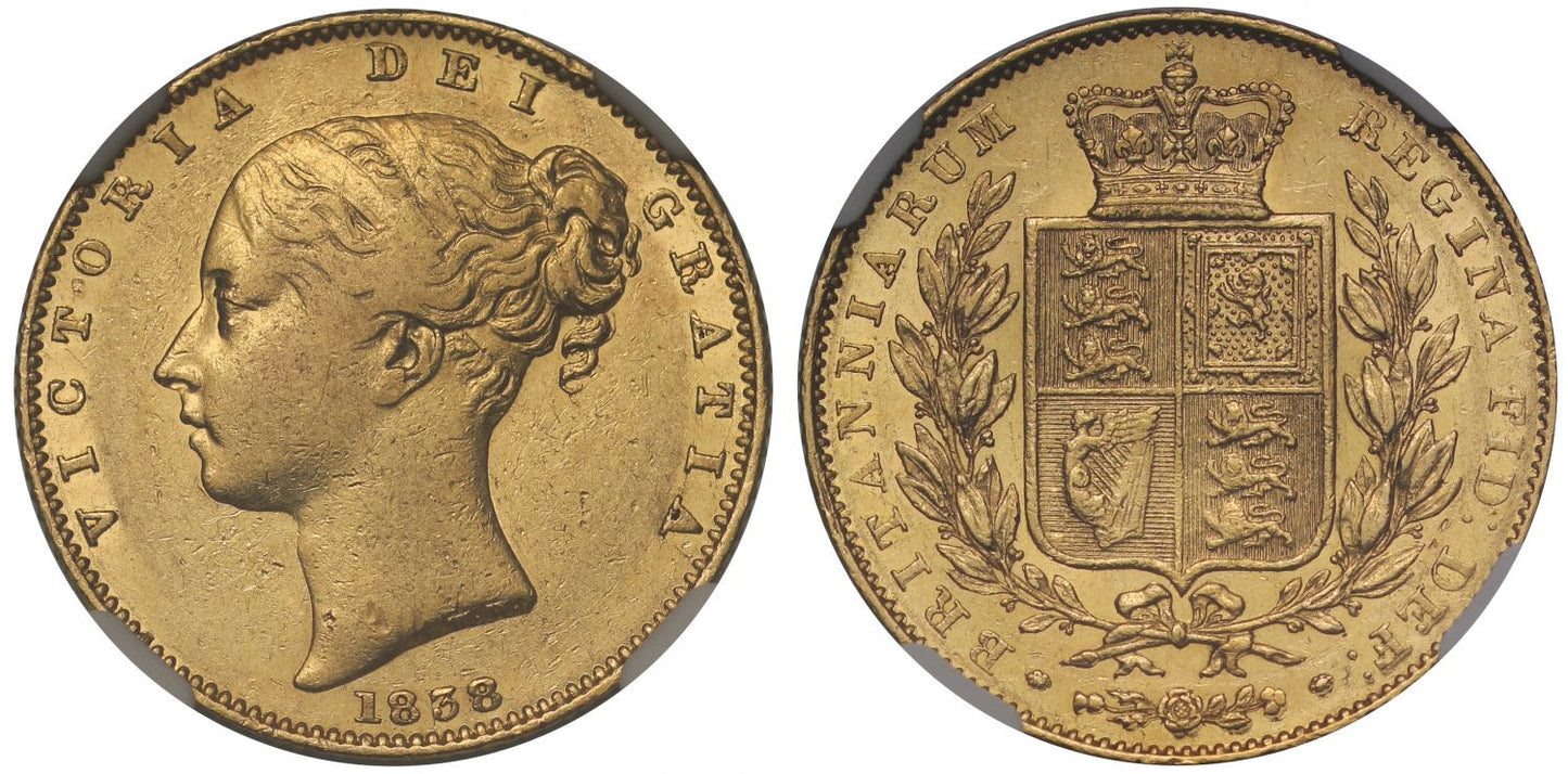 Victoria 1838 Sovereign AU50, first year, first young head