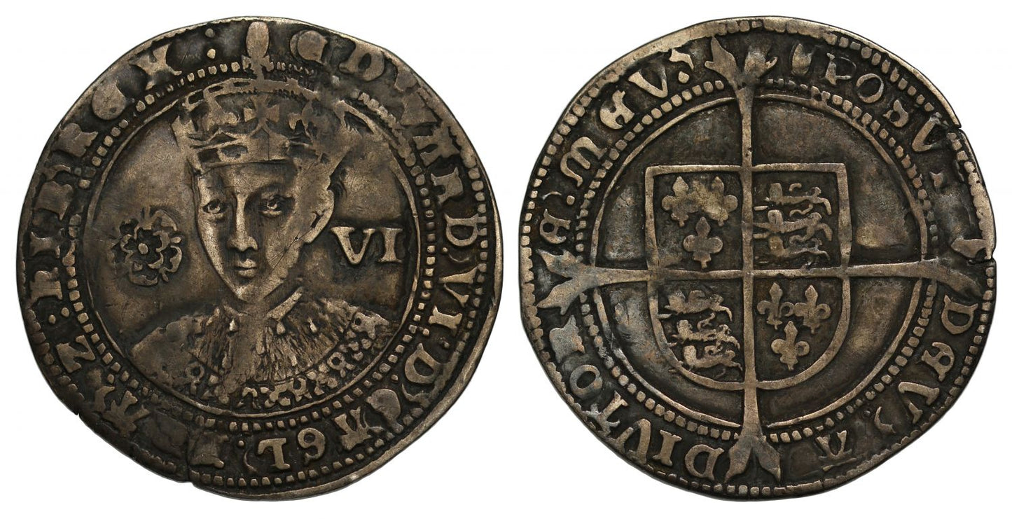 Edward VI Sixpence, third period, fine silver issue, mint mark tun