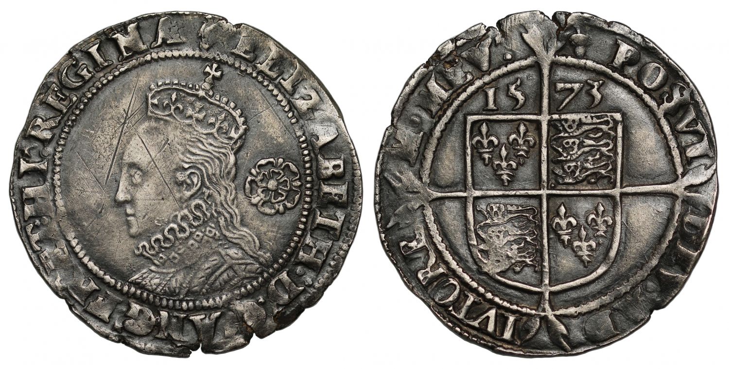 Elizabeth I 1573 Sixpence, intermediate bust 4B, mint mark acorn