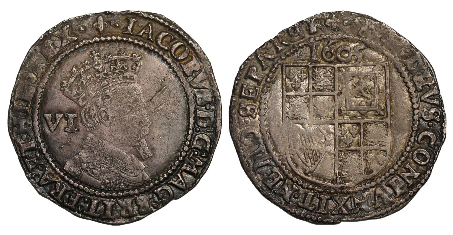 James I 1605 Sixpence, second coinage, third bust, year of the Gunpowder plot