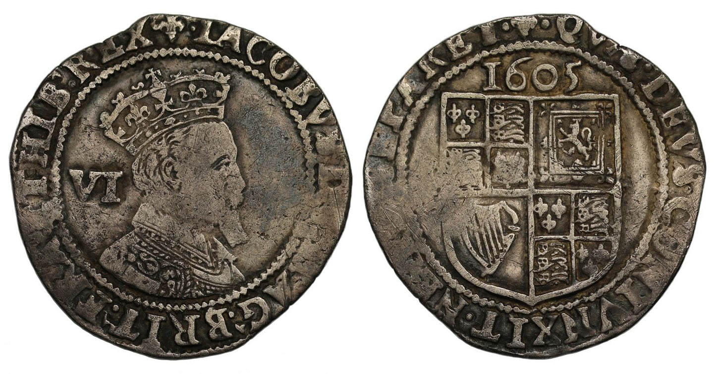 James I 1605 Sixpence, third bust, mintmark lis, Gunpowder plot year