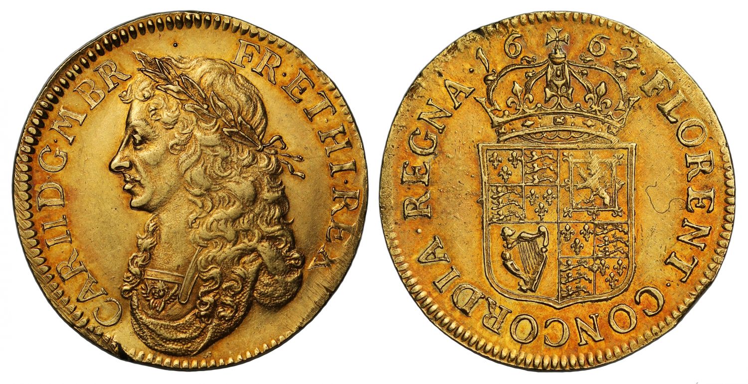 Charles II 1662 Twenty Shilling Broad, nine leaves, two berries in wreath