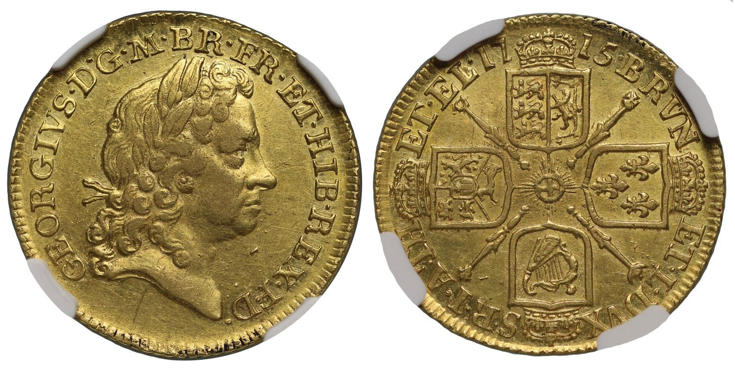 George I 1715 Guinea AU55, third head, hair does not curl around neck