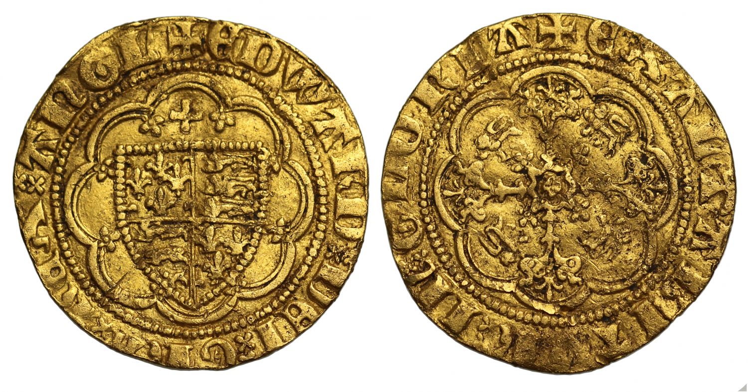 Edward III Quarter-Noble, Treaty period, Calais Mint, cross over shield, ex Isladucie