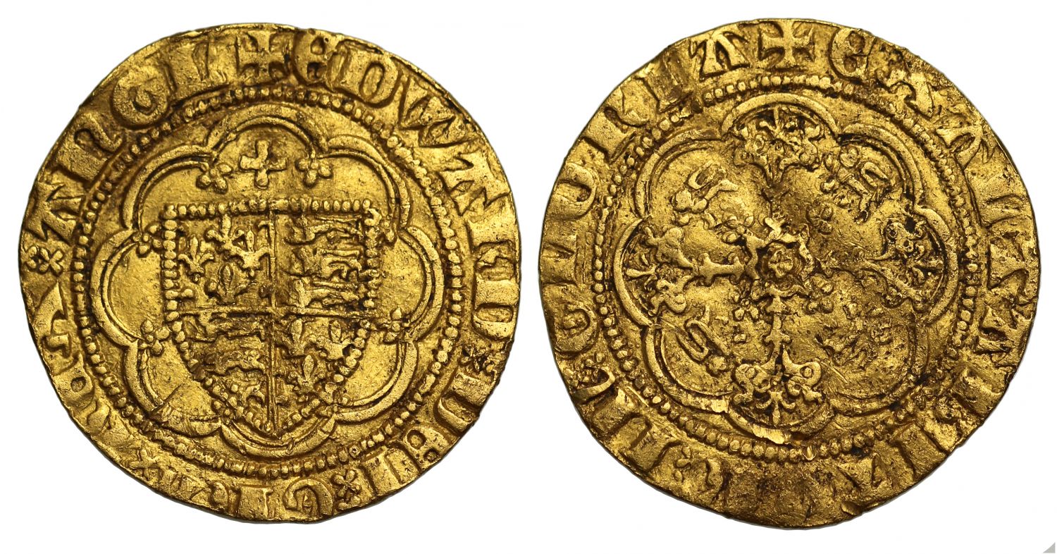 Edward III Quarter-Noble, Treaty period, Calais Mint, cross over shield
