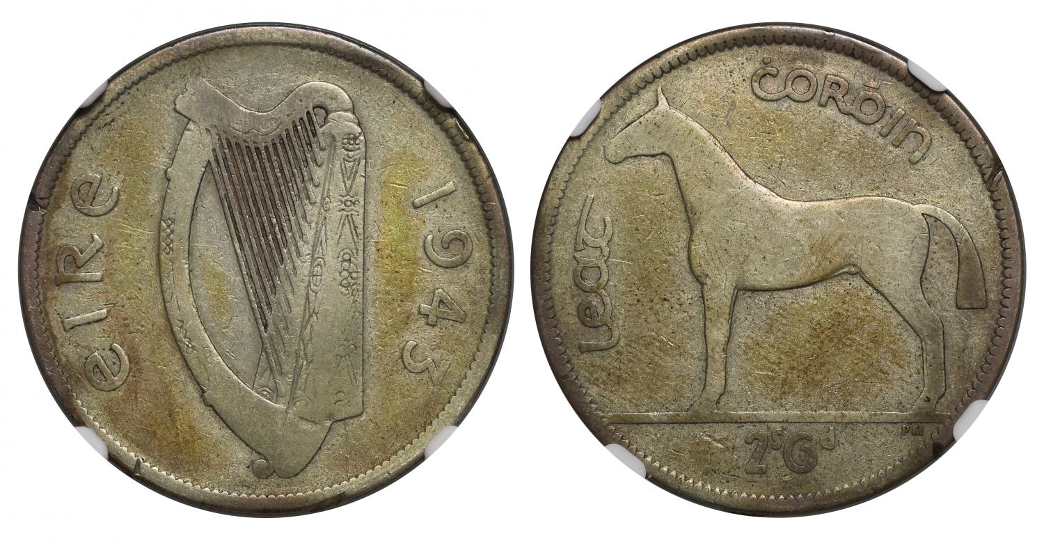 Irish Republic, 1943 Halfcrown, rarest date, in NGC slab