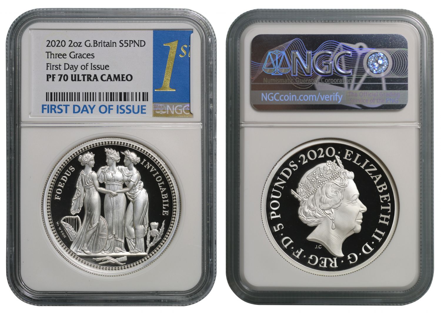 Elizabeth II 2020 PF70 silver 2oz Three Graces, 1st DAY OF ISSUE