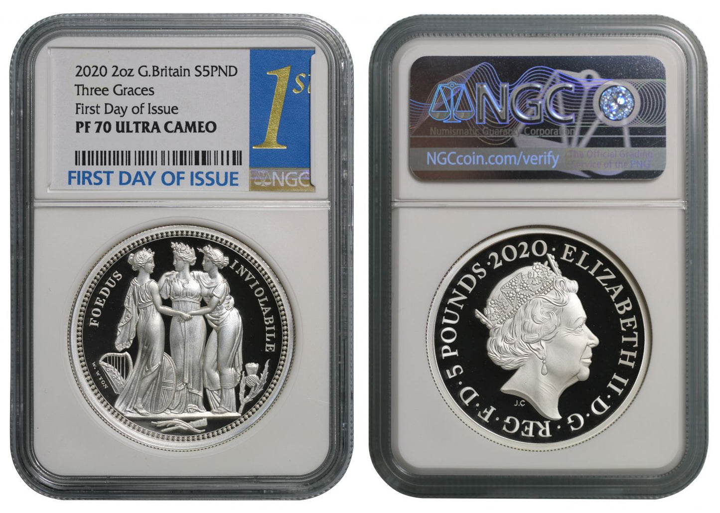 Elizabeth II 2020 PF70 silver 2oz Three Graces, 1st DAY OF ISSUE