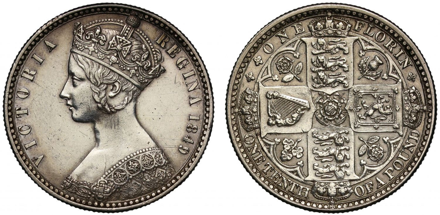 Victoria 1849 Godless Florin, WW obliterated variety