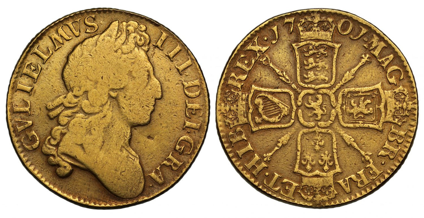 William III 1701 Guinea, second bust, ornamental sceptres on reverse