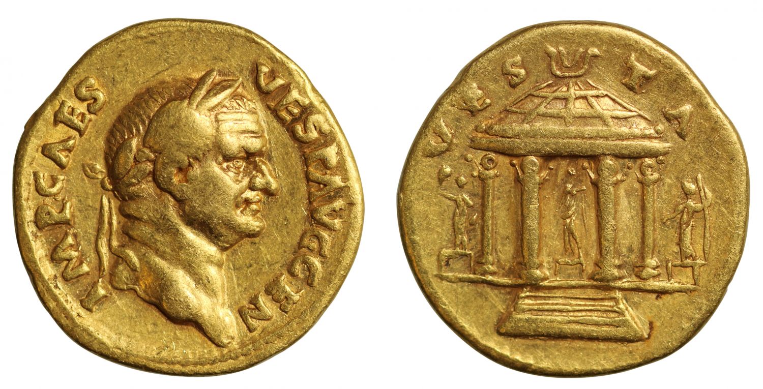 Vespasian, gold Aureus, Temple of Vesta, Ch VF 5/5 4/5 (Fine Style).