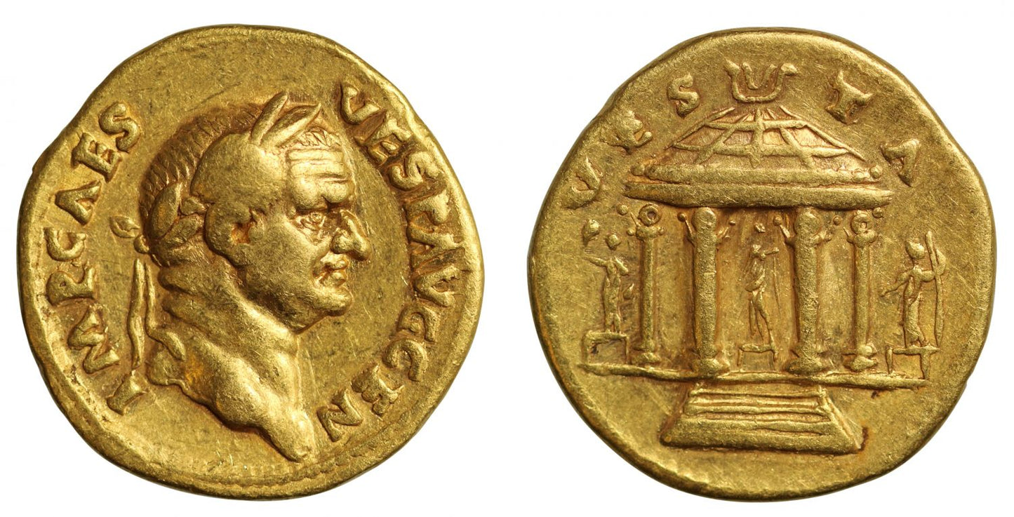 Vespasian, gold Aureus, Temple of Vesta, Ch VF 5/5 4/5 (Fine Style).