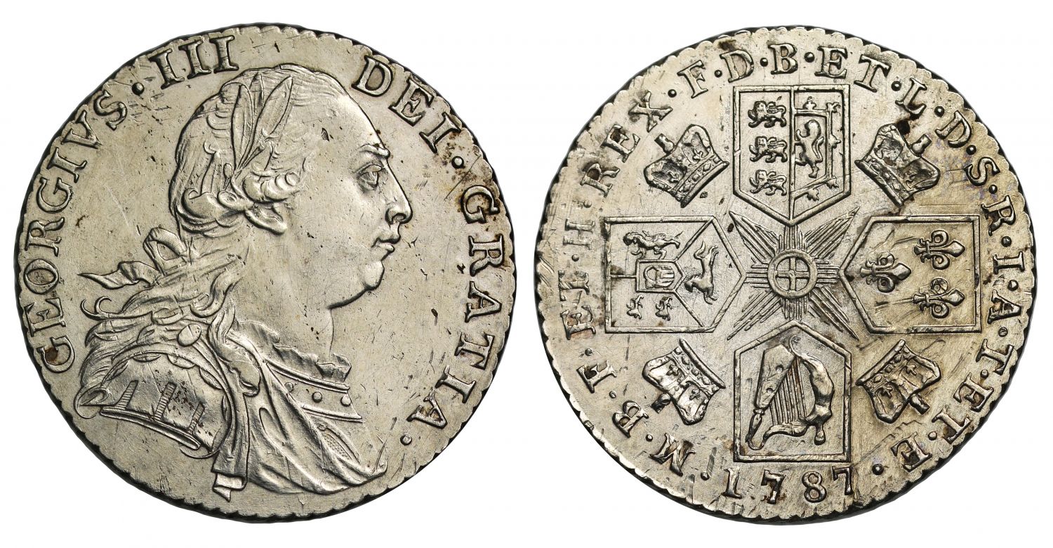George III 1787 Shilling, no stop over head, without hearts on reverse, rare