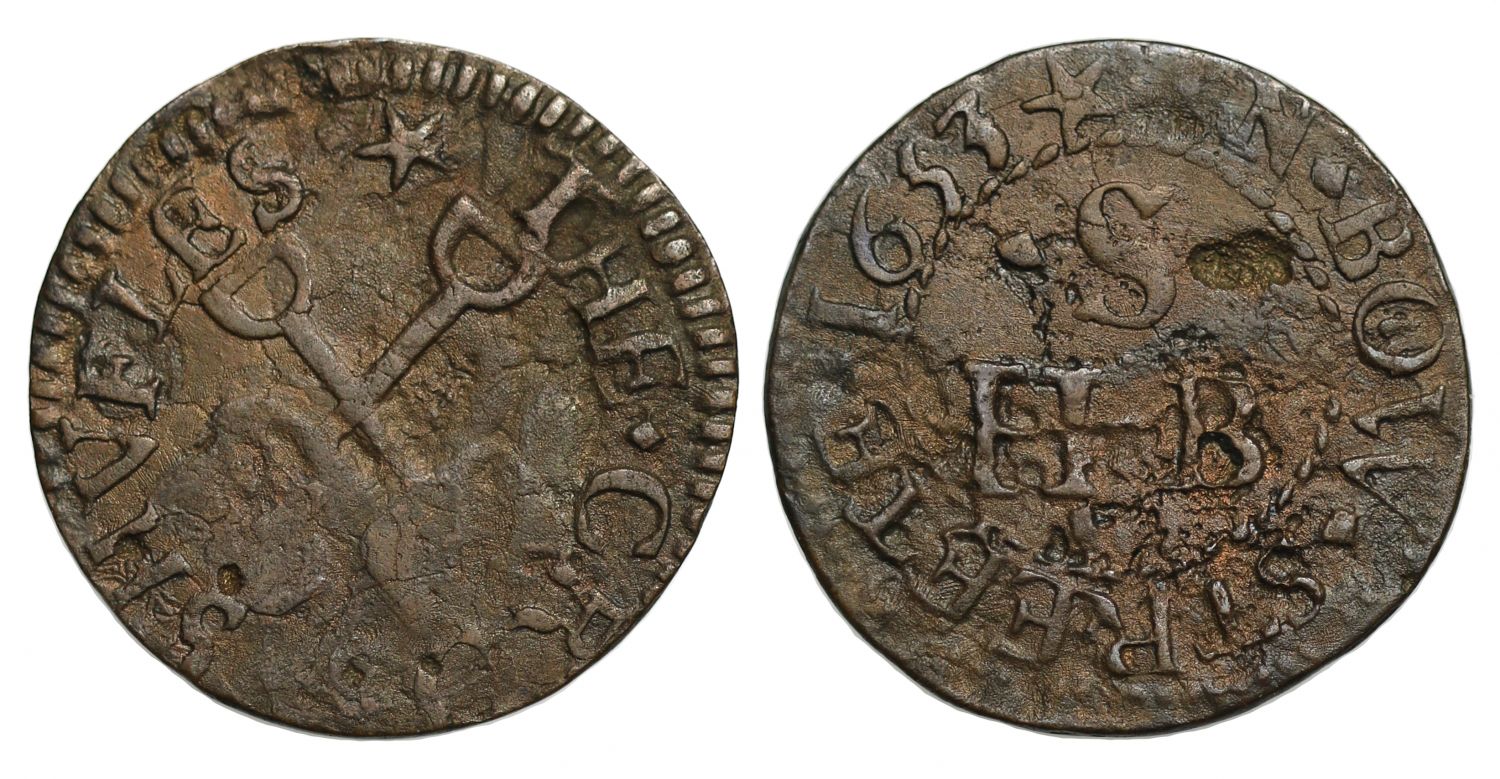 17th century Farthing Token London, Westminster, Bow Street, the cross shovels, 1653