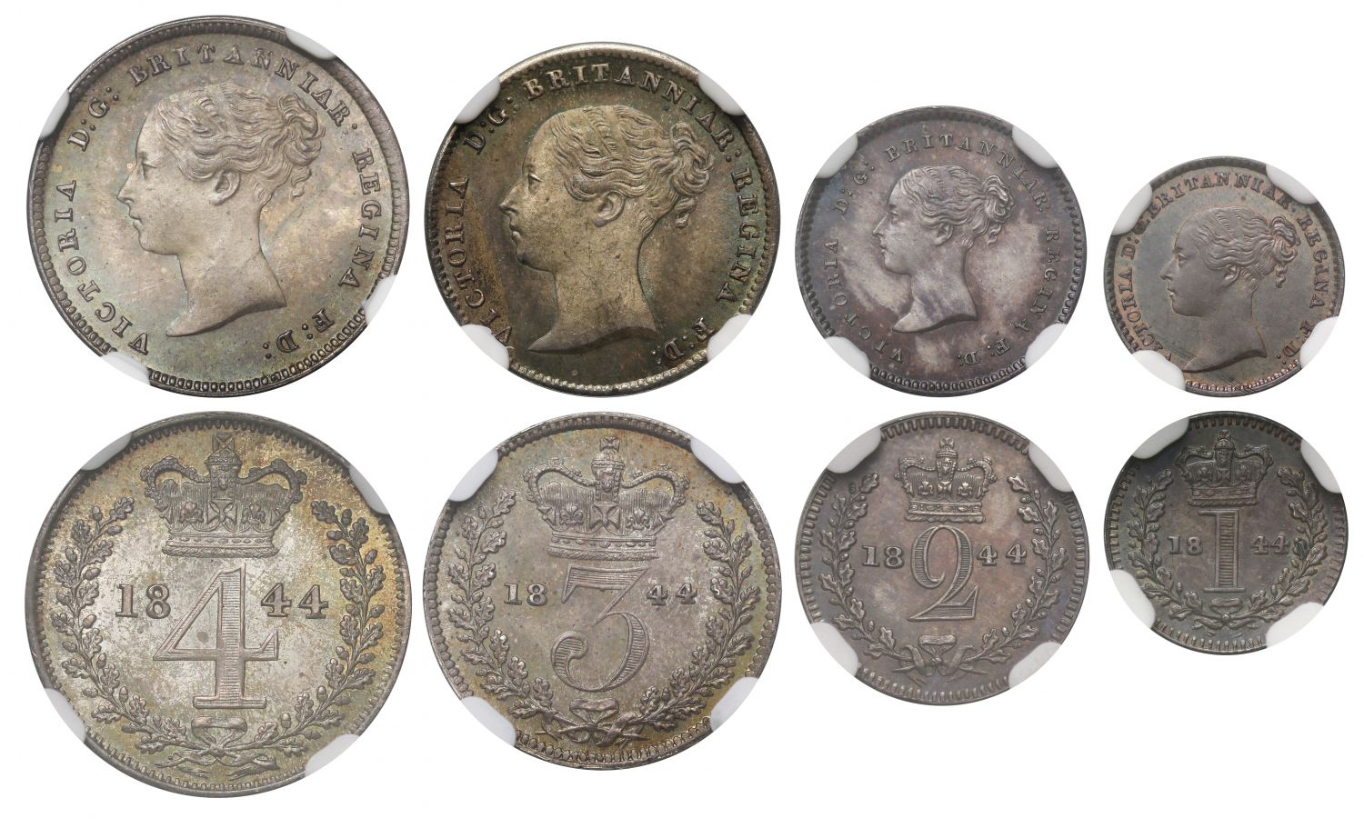 Victoria 1844 Maundy Set, young head, rare date, graded MS62-65
