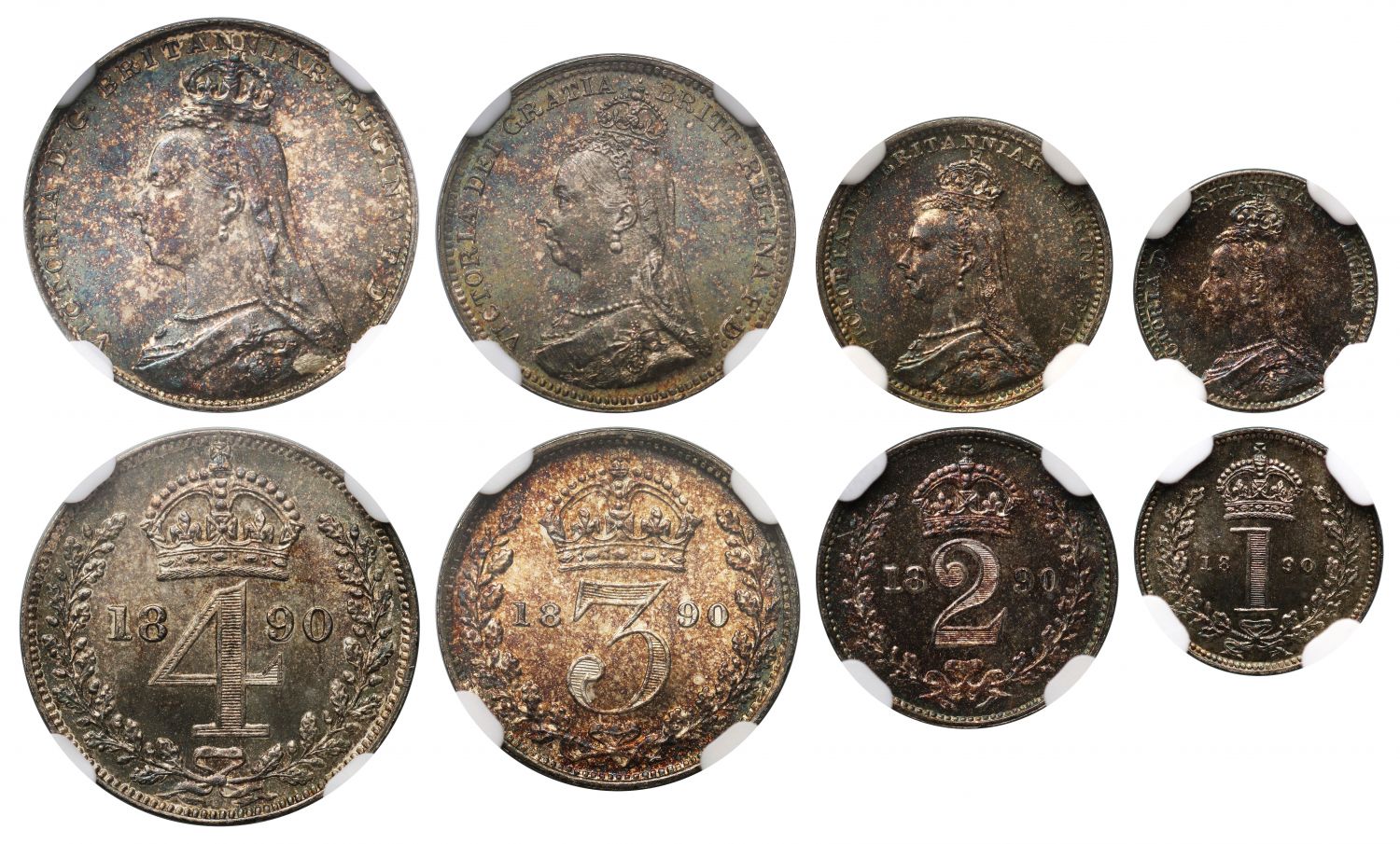 Victoria 1890 Maundy Set, Jubilee type, graded MS65+-MS66