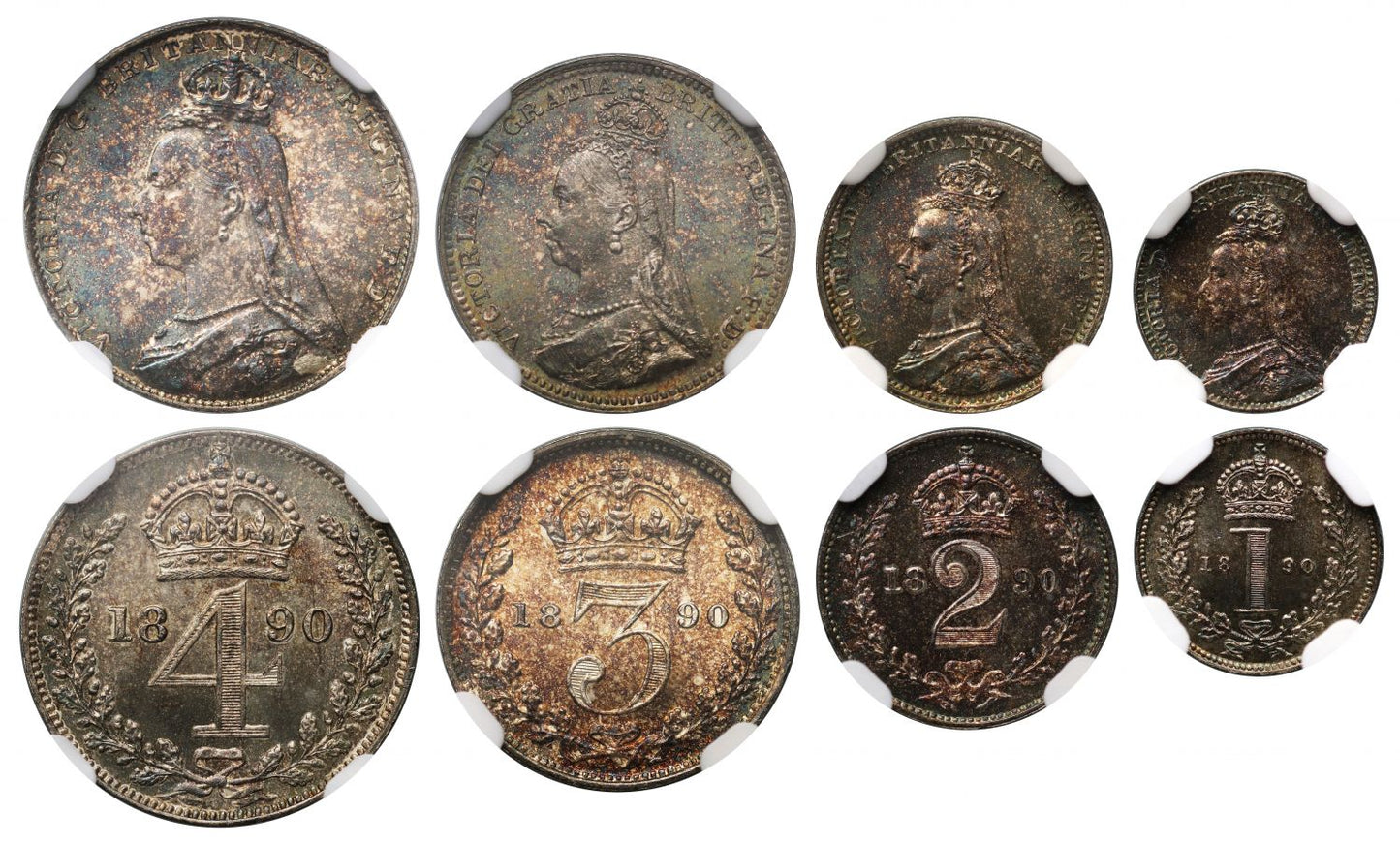 Victoria 1890 Maundy Set, Jubilee type, graded MS65+-MS66