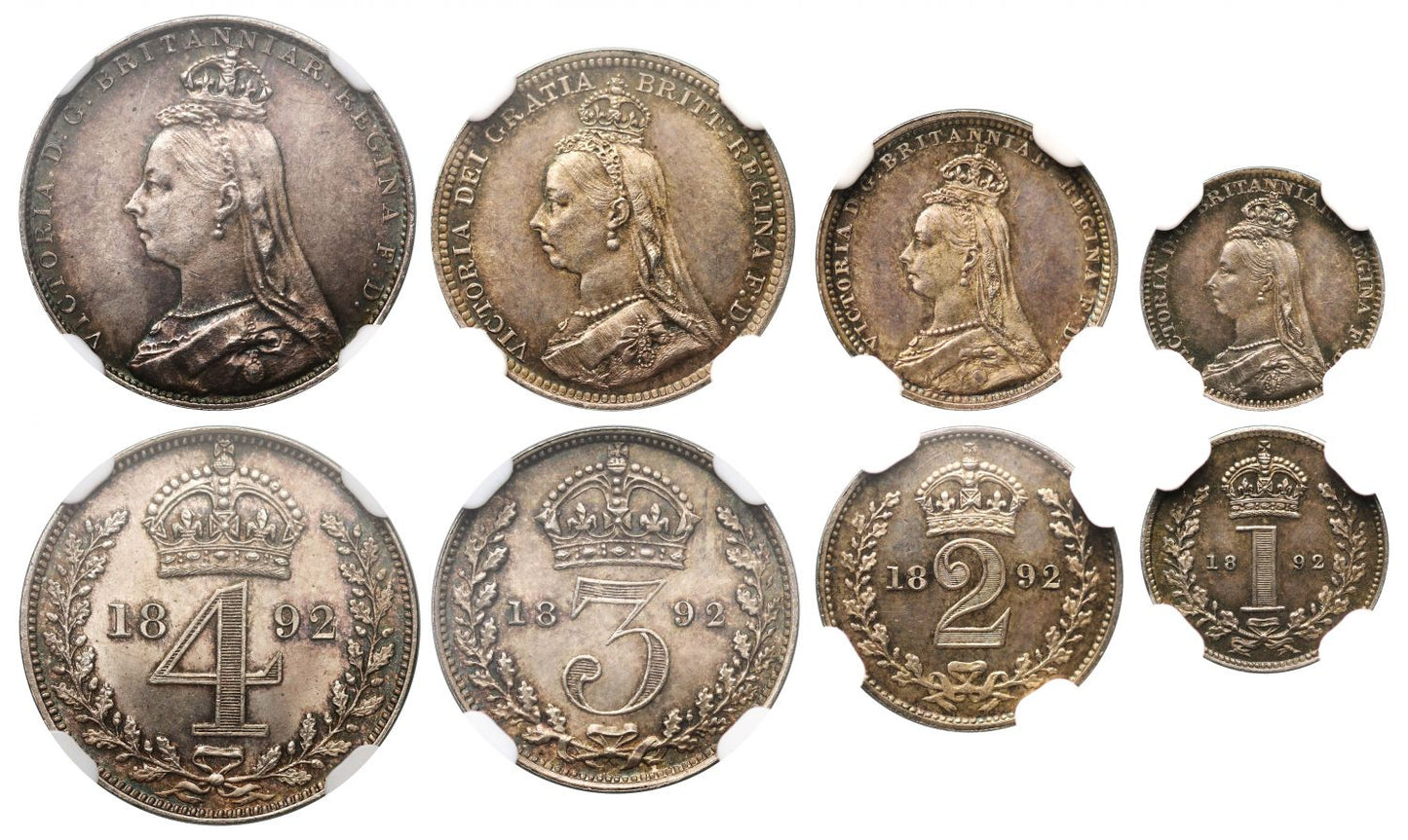 Victoria 1892 Maundy Set, final year for Jubilee type, graded MS64-66