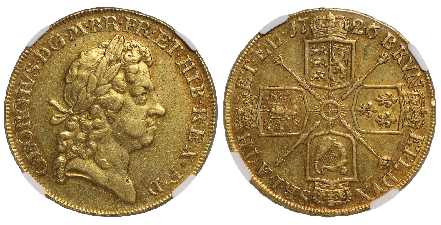 George I 1726 Five-Guinea, final year of denomination for reign AU53