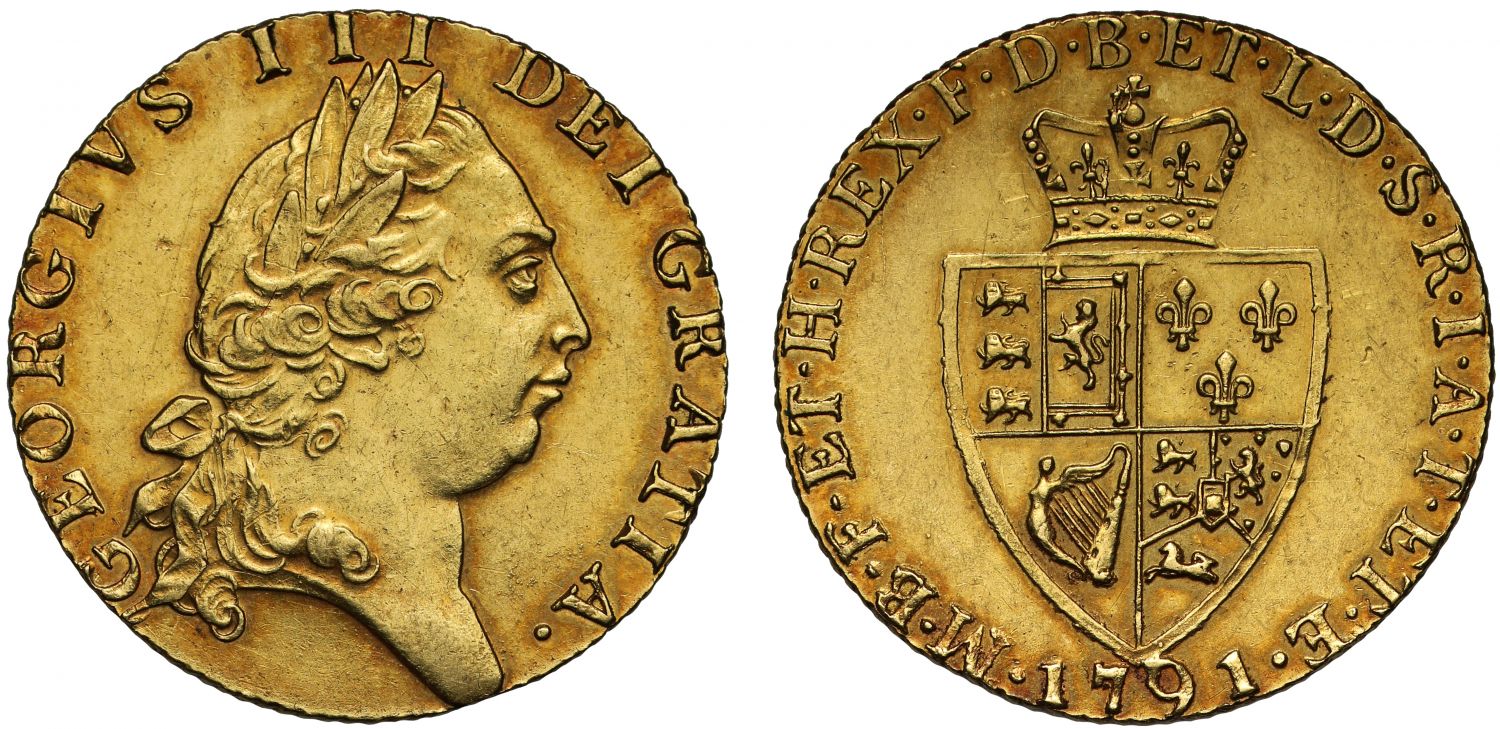 George III 1791 Guinea, fifth head, spade reverse, AU58