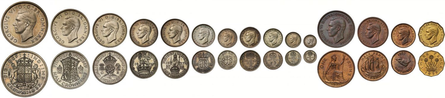 George VI 1937 15-coin proof Set, Crown to Farthing